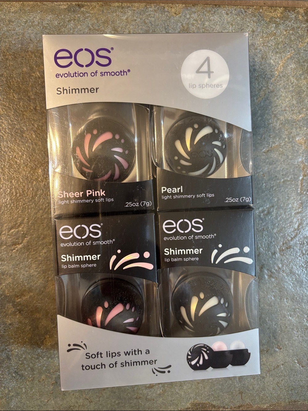 eos Shimmer Lip Balm Spheres - Sheer Pink & Pearl in Black Packaging